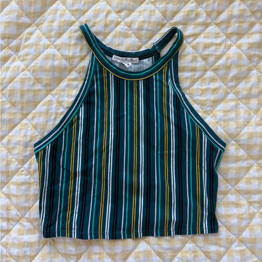 Striped Green and Yellow High Neck Crop Top